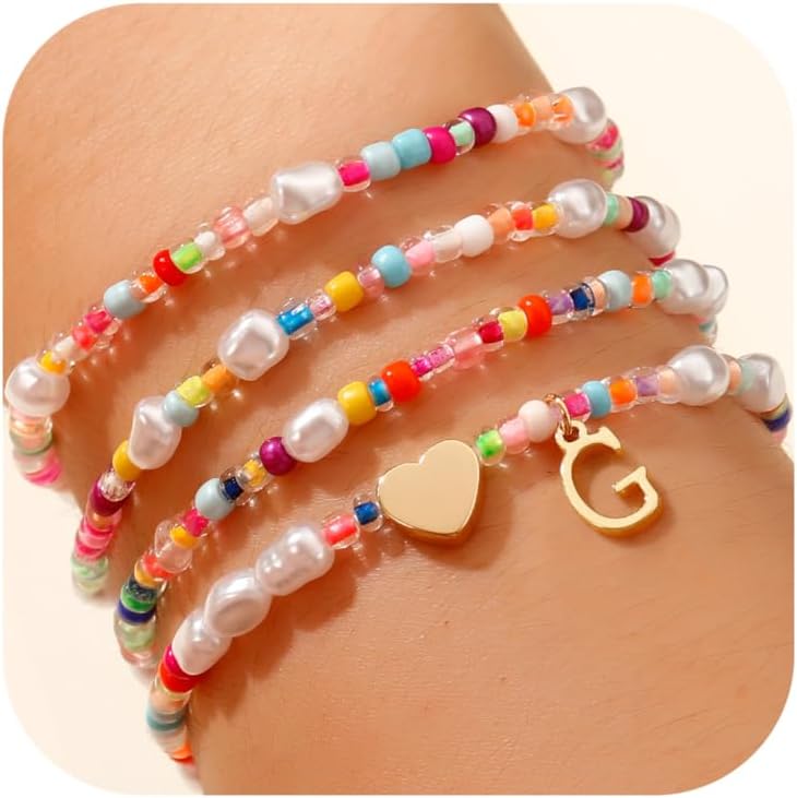 JIAOGE Valentines Day Gifts for Kids Her - 4PCS Gold Stretchable Boho Colorful Beaded Pearl Heart Initial Bracelets for Women Teen Girl Gifts Trendy Stuff Cute Stackable Kids Jewelry Birthday Gifts - Image 1